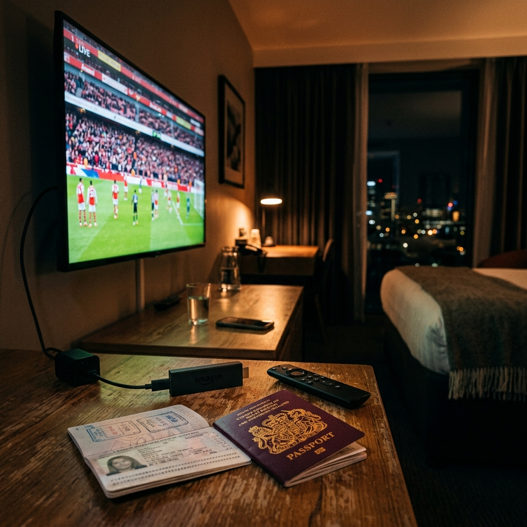 Travel IPTV streaming setup with Fire TV Stick in hotel room